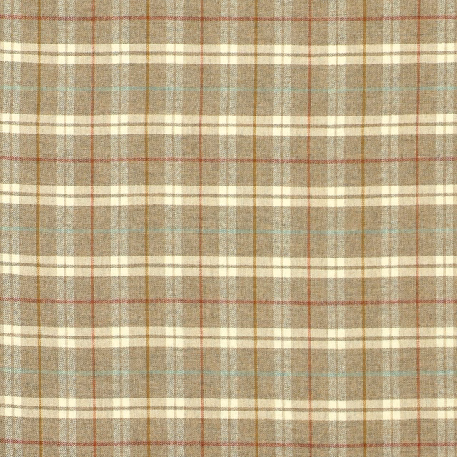 Muted taupe plaid fabric with sage, cream and fine red woven lines