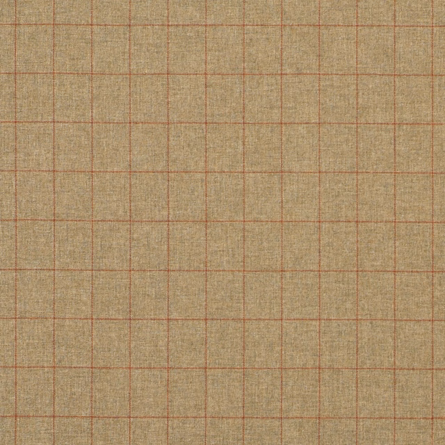 Muted taupe woven fabric with fine rust-red windowpane check and textured surface
