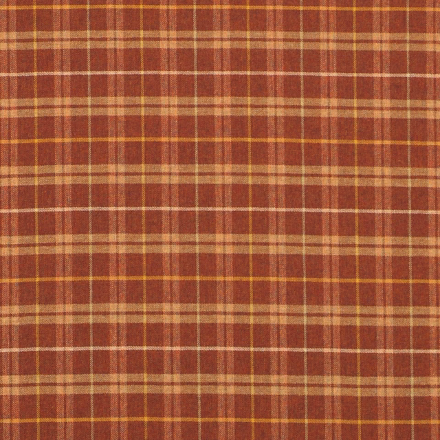 Close-up of muted russet plaid with tan, ochre and cream woven stripes
