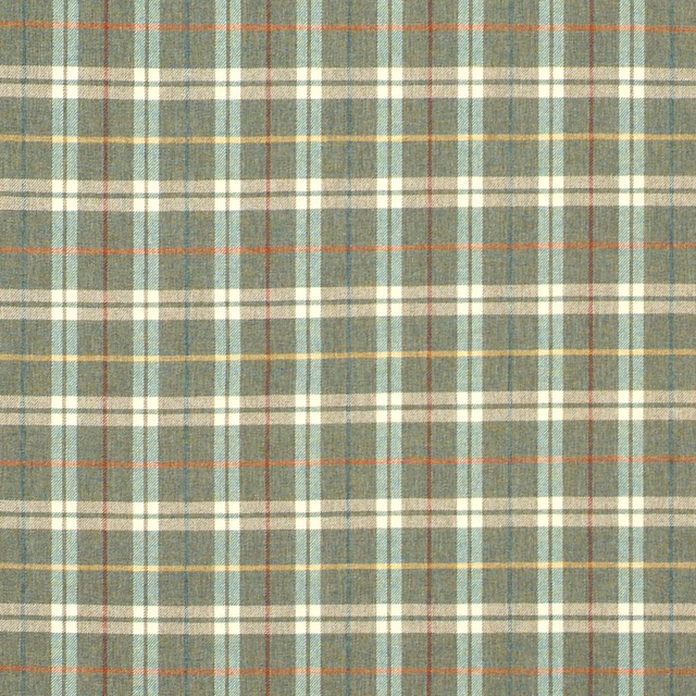 Muted sage and blue-grey plaid with cream bands and fine rust lines