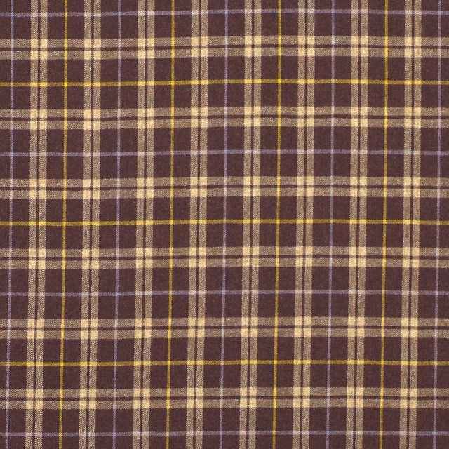 Deep aubergine-brown plaid with cream, mustard and lilac woven lines