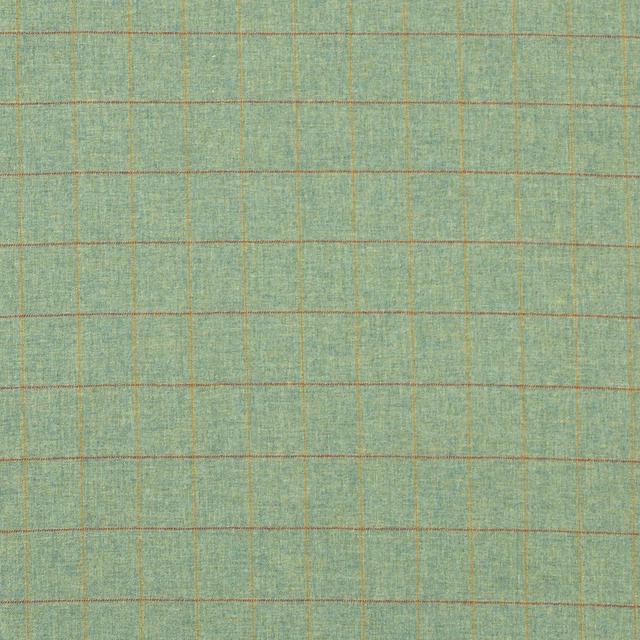 Muted seafoam teal plaid with ochre and russet lines in a fine woven texture