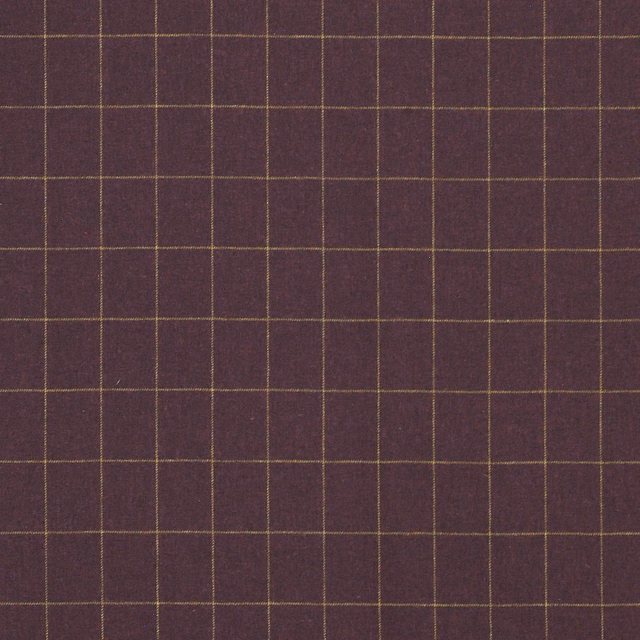 Deep plum fabric with fine ochre windowpane checks and a softly textured weave