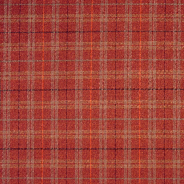 Warm brick-red plaid fabric with charcoal, ochre and orange woven stripes