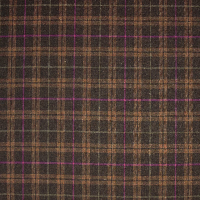 Dark brown woven plaid with plum lines and muted tan crossings