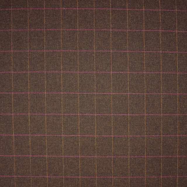 Dark brown woven plaid with slim plum horizontals and ochre verticals