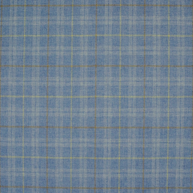 Muted blue-grey woven check with olive and taupe lines, showing a soft textured surface