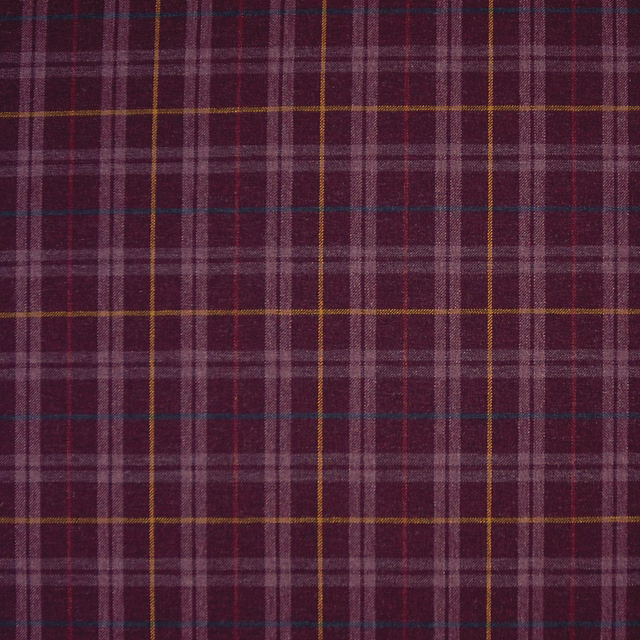 Burgundy plum tartan weave with lilac-grey, ochre and teal lines