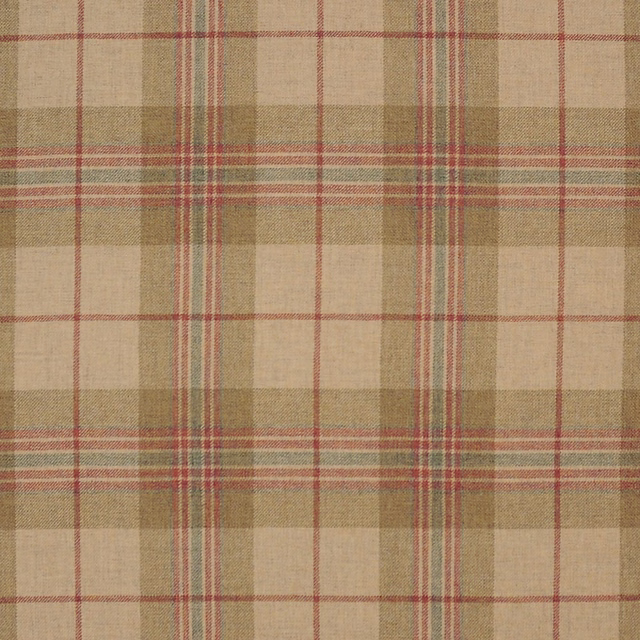 Muted taupe plaid with olive blocks and fine rust-red woven stripes