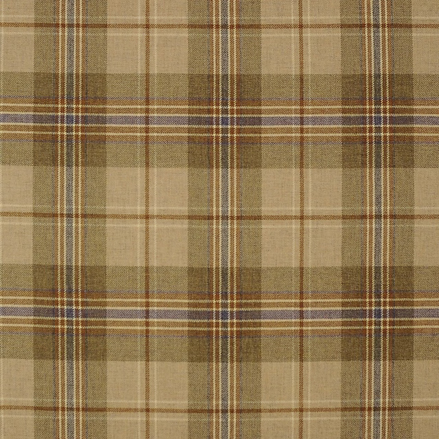 Warm taupe, olive and brown woven plaid with fine cream and blue-grey lines