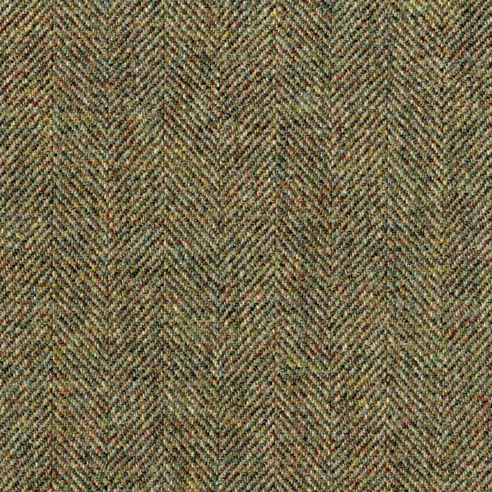 Muted olive-green herringbone weave with oatmeal, charcoal and russet flecks