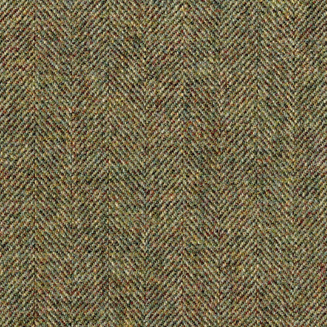 Muted olive-green herringbone weave with oatmeal, charcoal and russet flecks