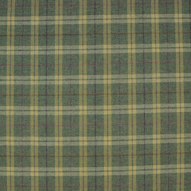Muted olive green woven plaid with khaki checks and fine burgundy lines