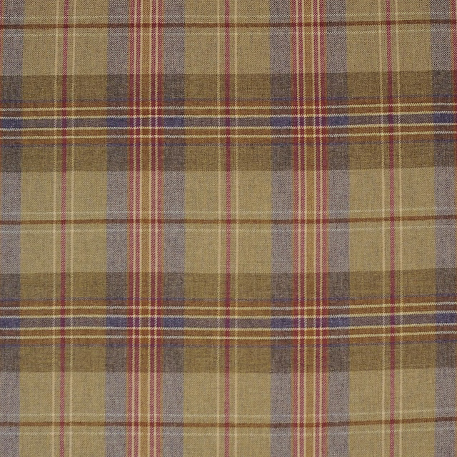 Olive-brown tartan weave with muted red, grey and fine cream lines