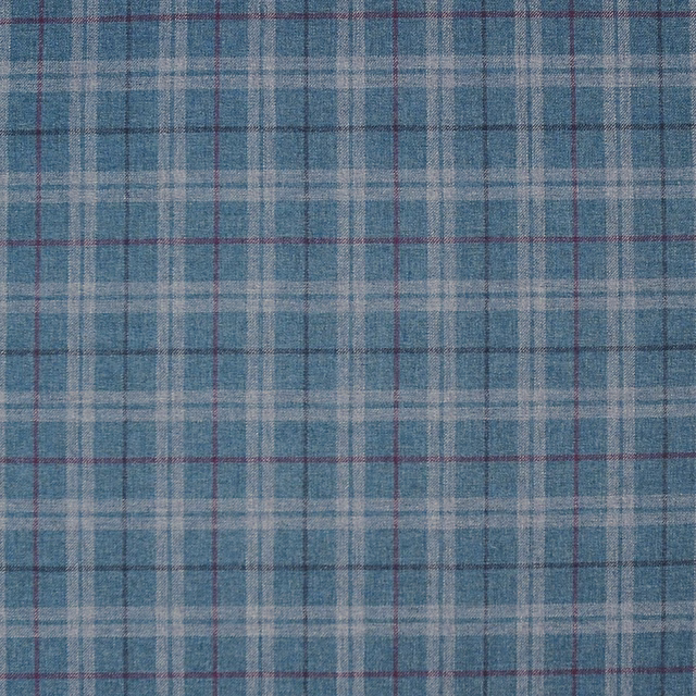 Muted teal-blue plaid fabric with pale checks, grey weave and fine burgundy lines