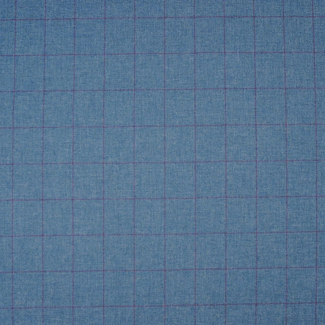Muted blue-teal woven check with fine plum-purple grid lines and textured surface