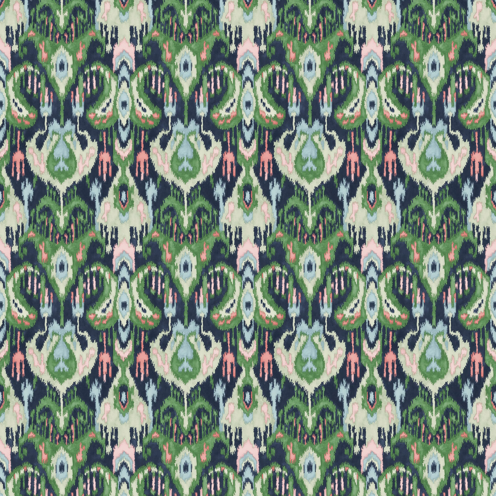 Emerald and navy Kilim-style repeat with mint diamonds and blush accents