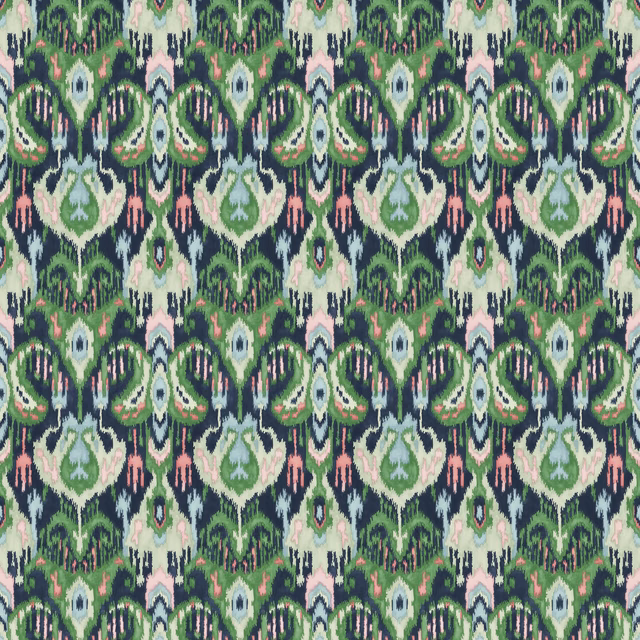 Emerald and navy Kilim-style repeat with mint diamonds and blush accents