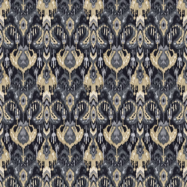 Graphite kilim-inspired repeat with ivory and muted ochre geometric motifs