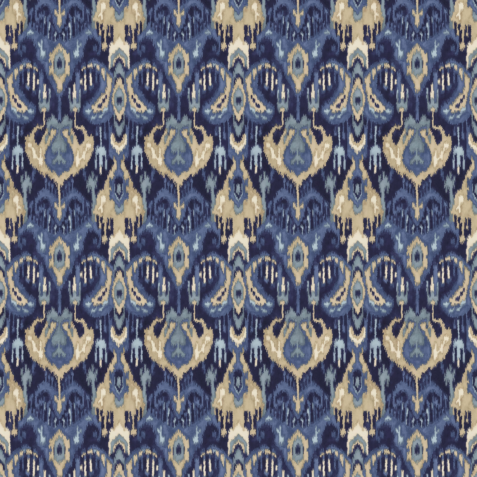 Deep indigo and cream ikat-style geometric print with pale blue accents
