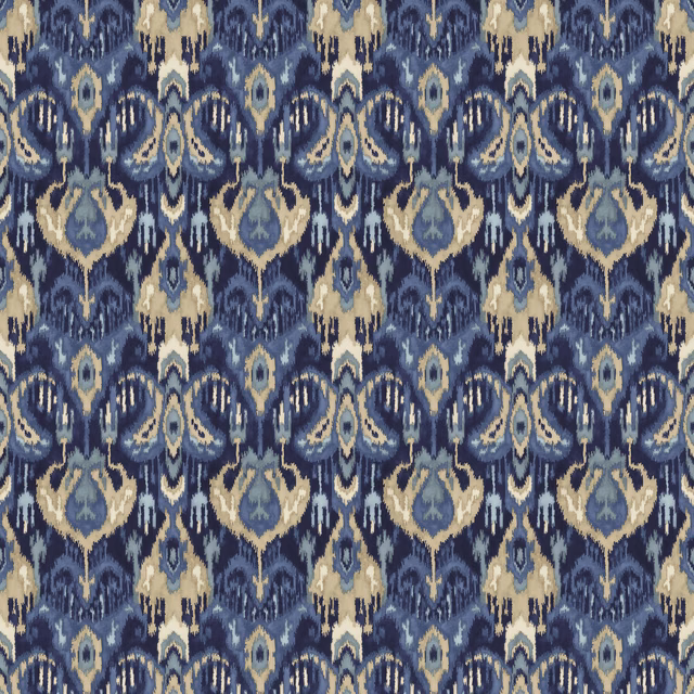 Deep indigo and cream ikat-style geometric print with pale blue accents