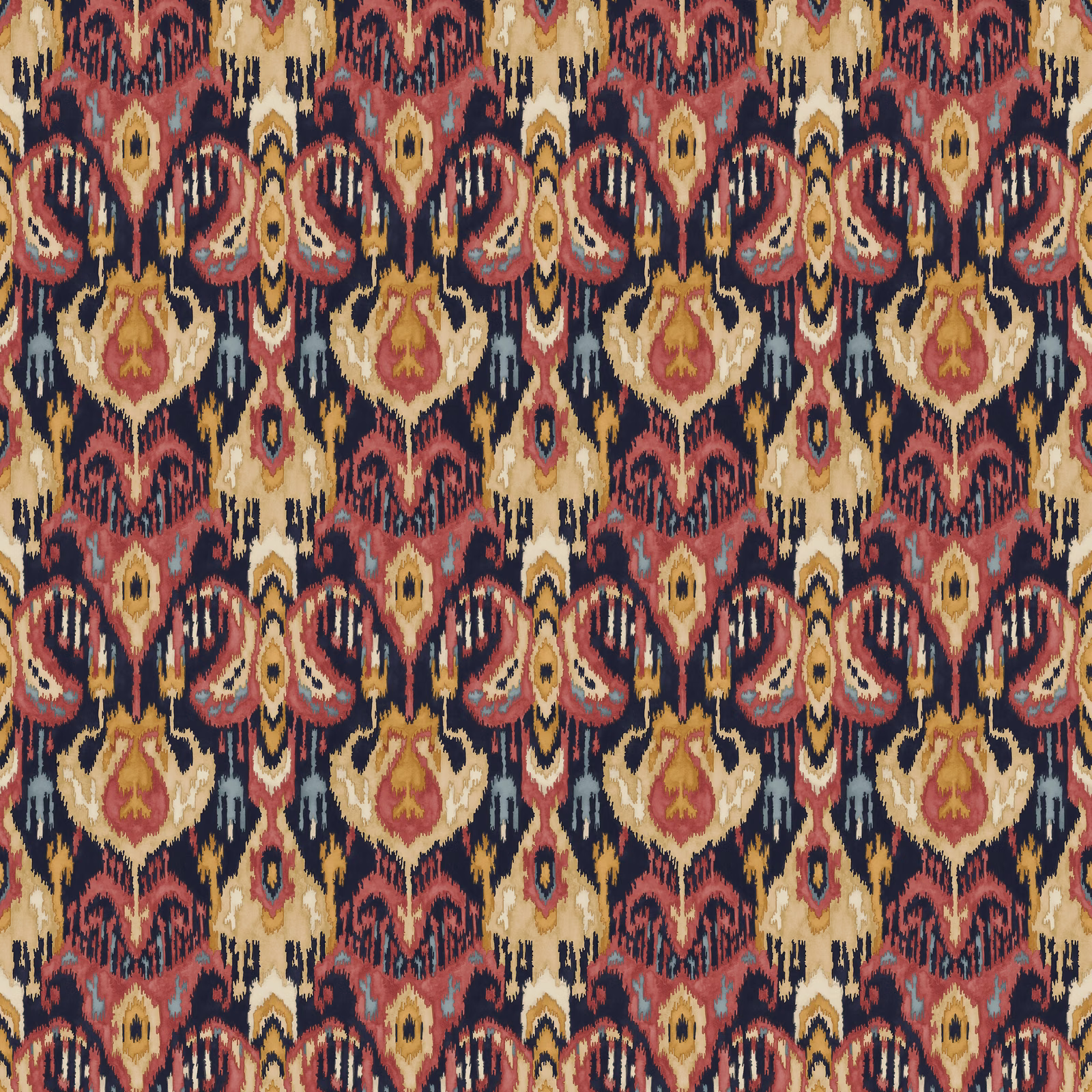 Large-scale saffron, rust, cream and navy geometric kilim-style fabric repeat
