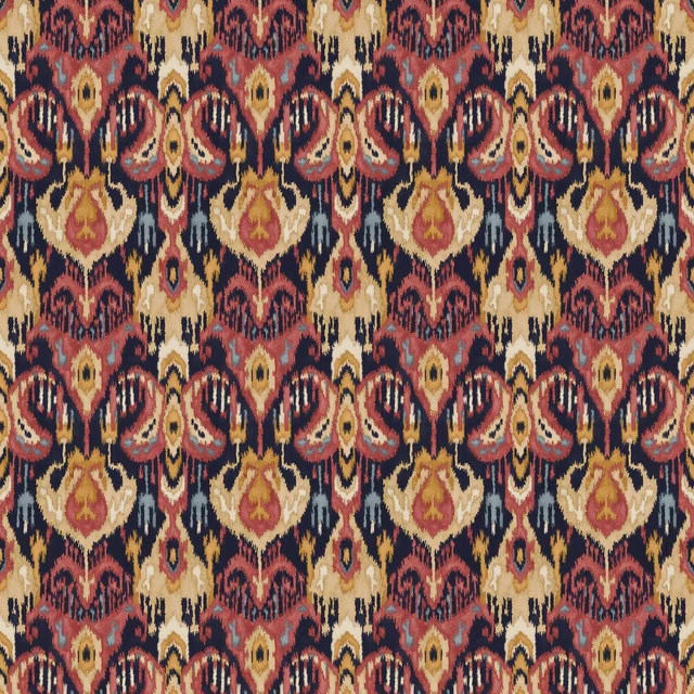 Large-scale saffron, rust, cream and navy geometric kilim-style fabric repeat