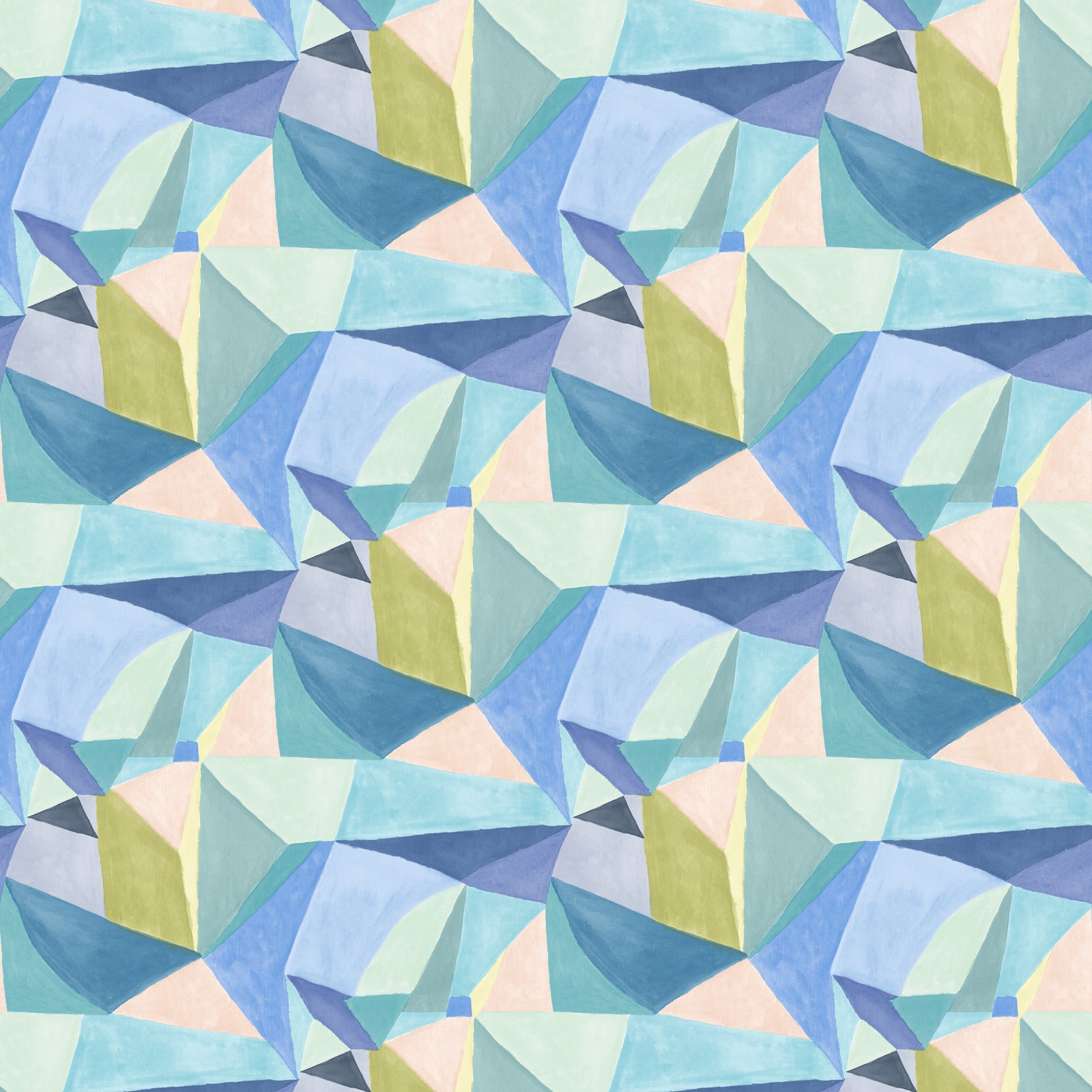 Cool blue, aqua and lilac angular geometric print with pale peach accents