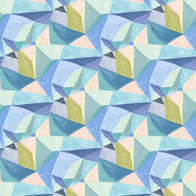 Cool blue, aqua and lilac angular geometric print with pale peach accents