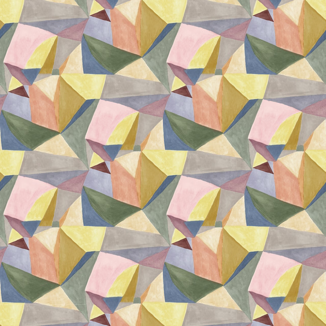 Pastel geometric fabric with blush, sage, ochre, blue and grey angular shapes