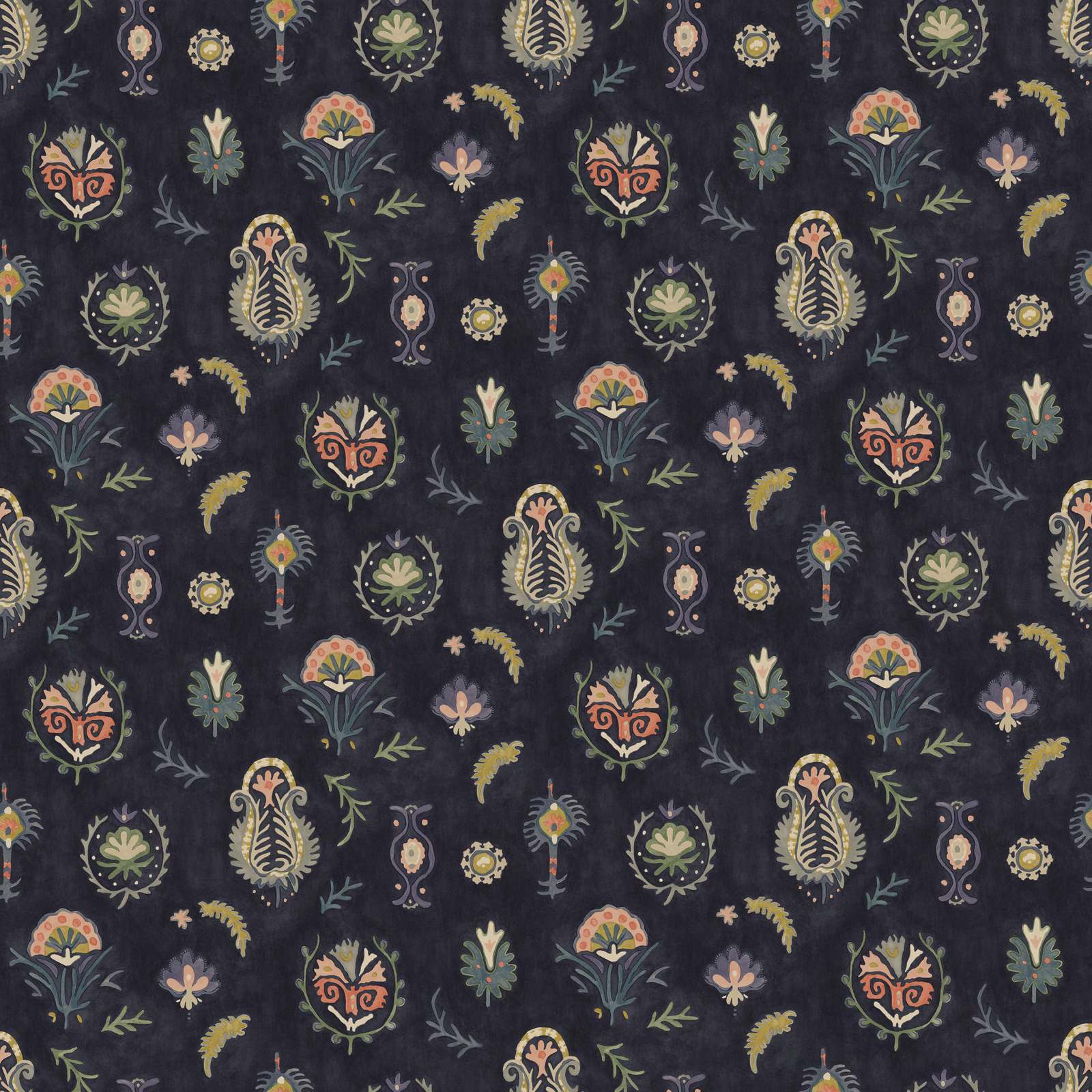 Ink-blue ground with coral, sage and ochre botanical motifs in a repeating pattern