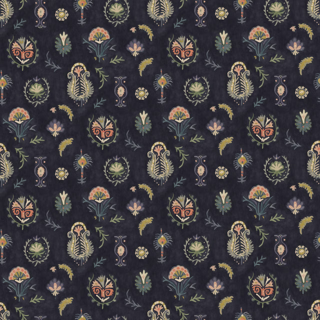 Ink-blue ground with coral, sage and ochre botanical motifs in a repeating pattern