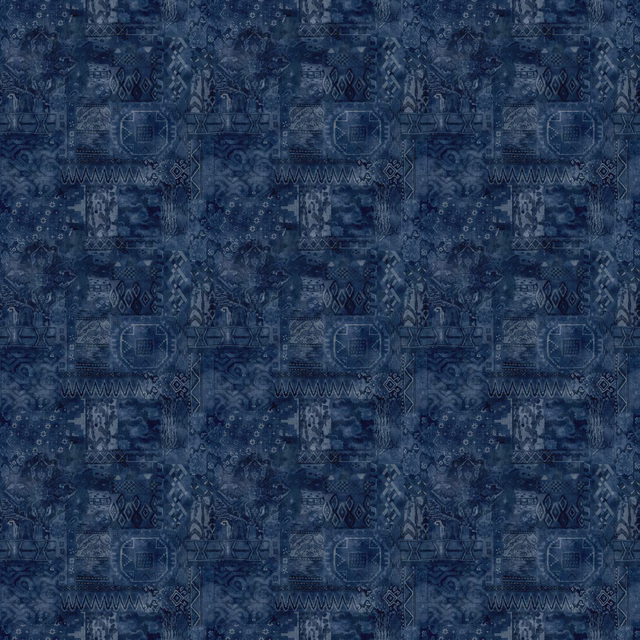 Deep indigo fabric with distressed geometric kilim-style motifs and blue-grey highlights