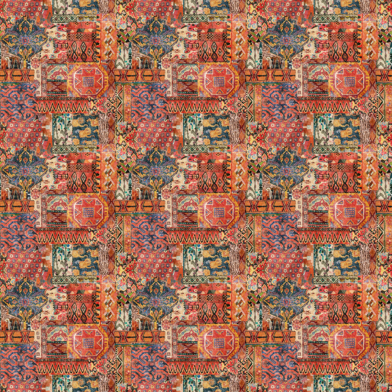 Paprika-red kilim patchwork print with teal, ochre and coral geometric motifs