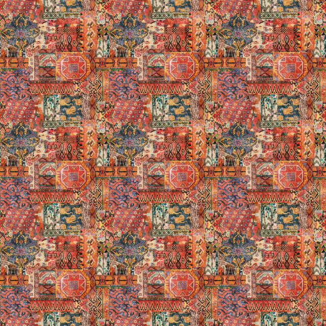 Paprika-red kilim patchwork print with teal, ochre and coral geometric motifs