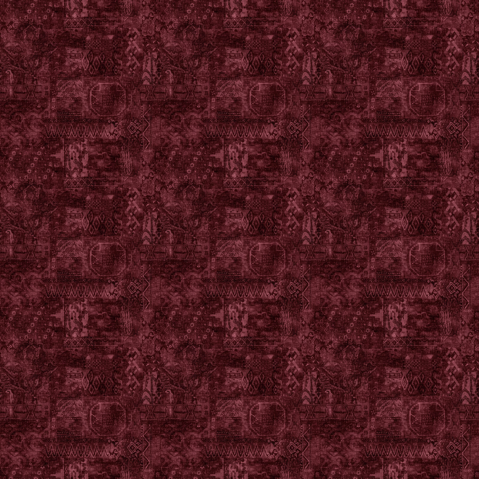Deep wine fabric with distressed kilim motifs, geometric bands and softly varied texture