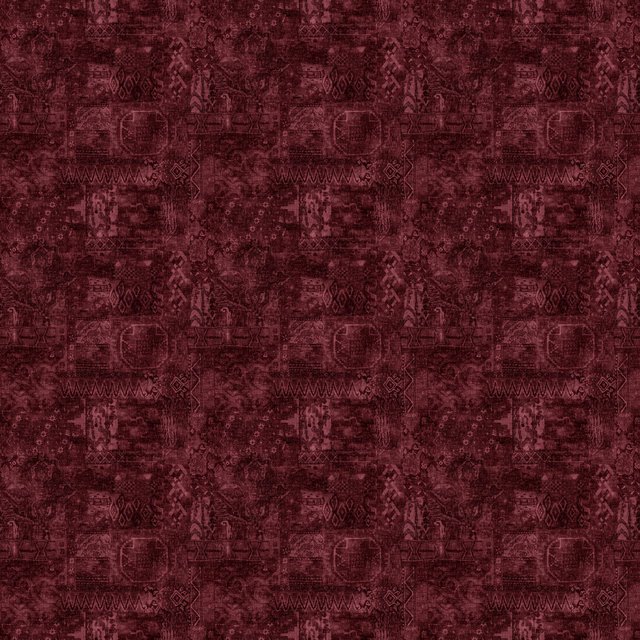 Deep wine fabric with distressed kilim motifs, geometric bands and softly varied texture