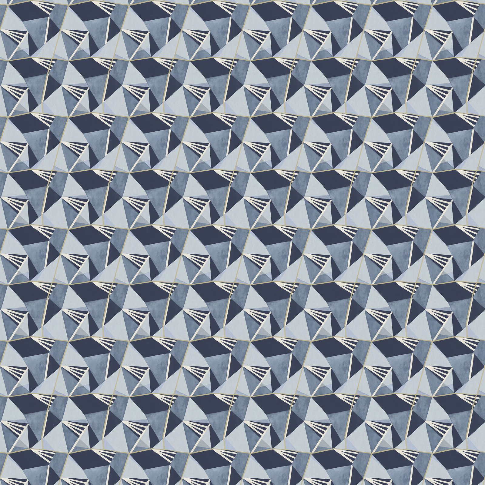 Navy and ice blue geometric fabric with faceted diamonds and white fan lines
