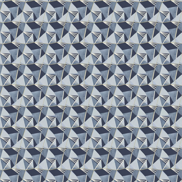 Navy and ice blue geometric fabric with faceted diamonds and white fan lines