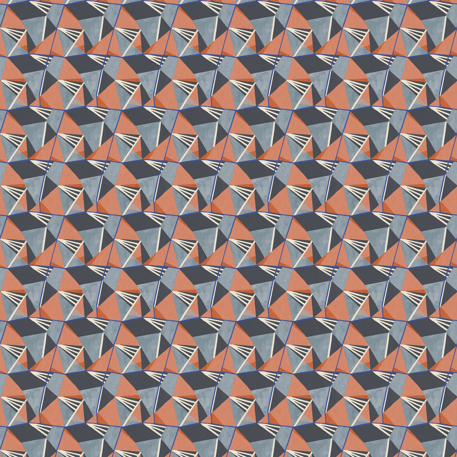 Angular coral, charcoal and blue-grey geometric print with ivory fan-like accents