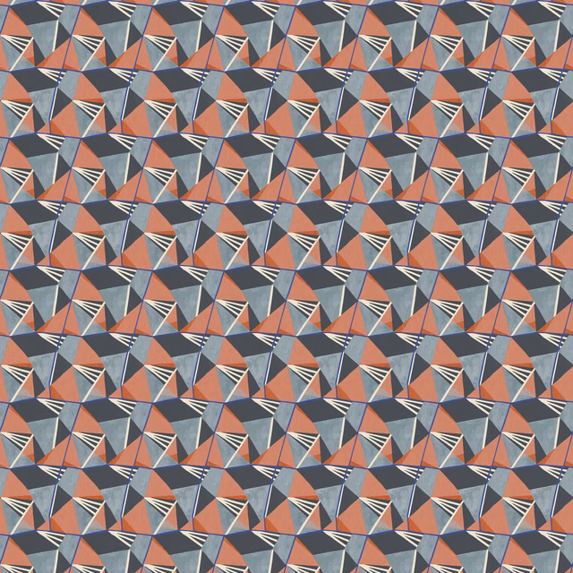 Angular coral, charcoal and blue-grey geometric print with ivory fan-like accents