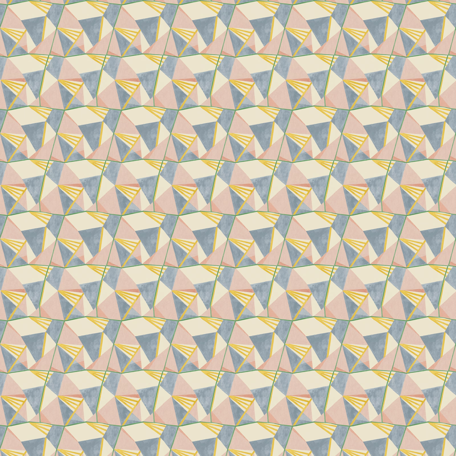 Pastel pink geometric fabric with blue-grey, cream and yellow fan motifs