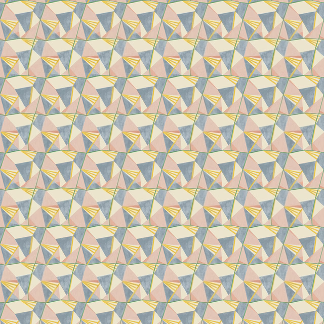 Pastel pink geometric fabric with blue-grey, cream and yellow fan motifs