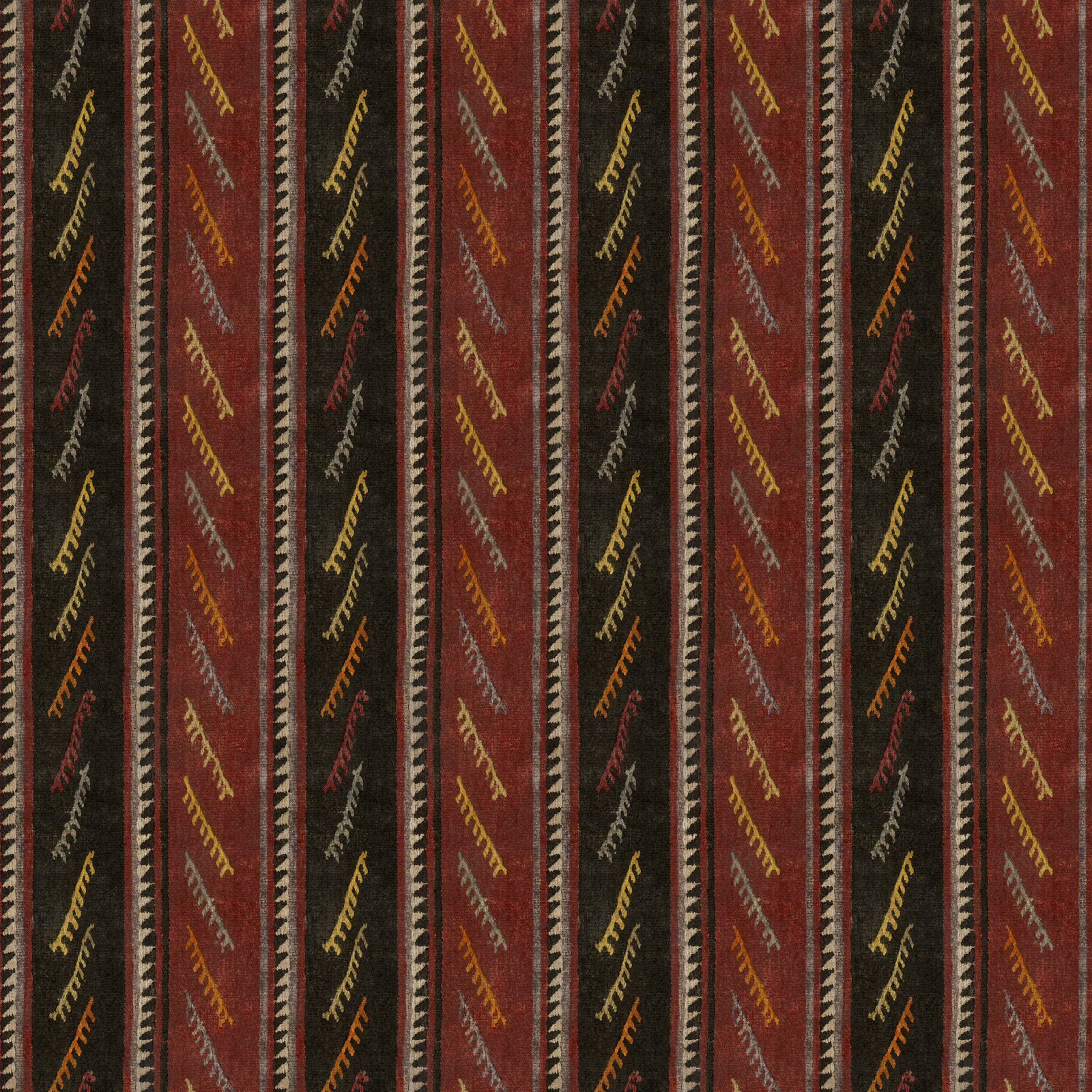 Close view of burgundy and black vertical stripes with ochre and silver-grey woven marks