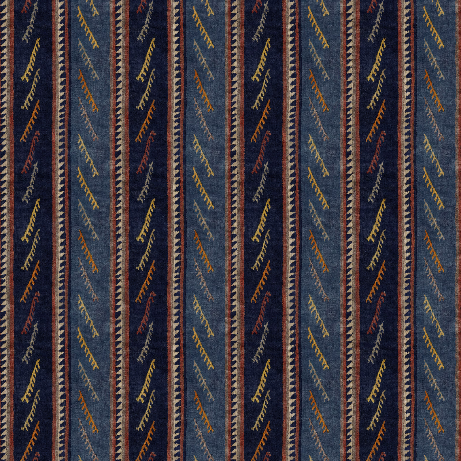 Navy striped textile with ochre diagonal motifs, red edging and blue panel details