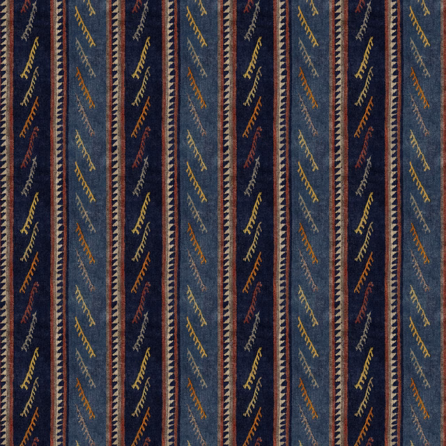 Navy striped textile with ochre diagonal motifs, red edging and blue panel details