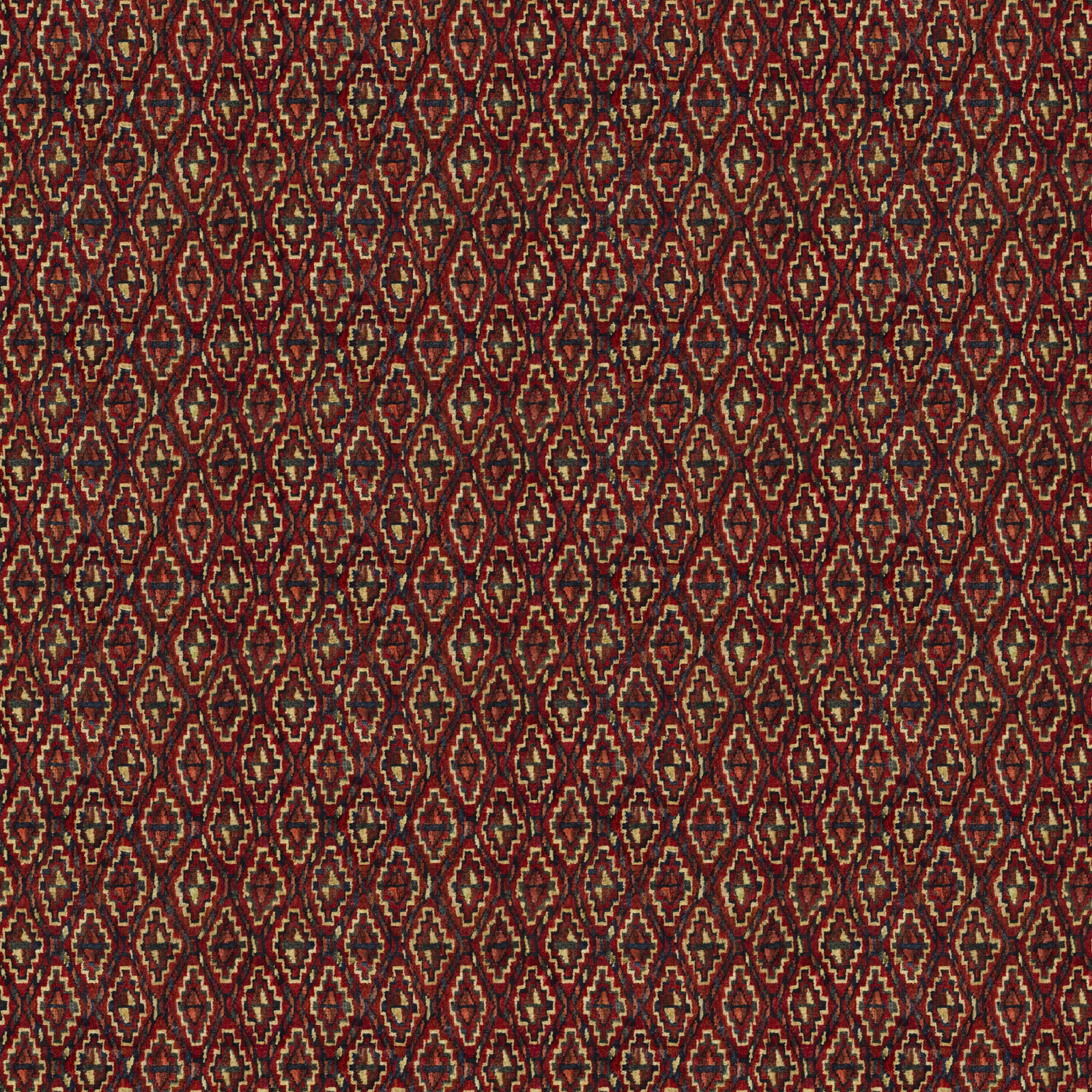 Dense ruby burgundy kilim-style diamonds with cream, rust and brown accents