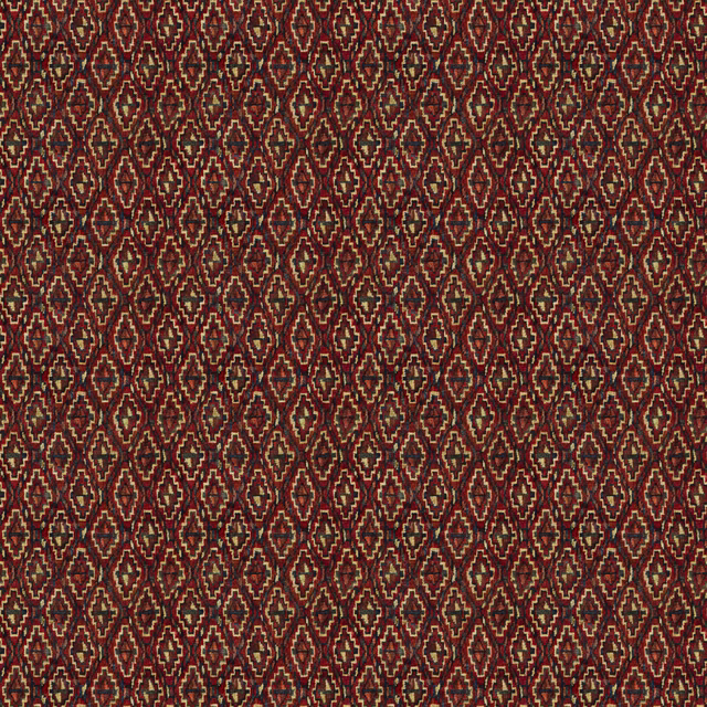 Dense ruby burgundy kilim-style diamonds with cream, rust and brown accents