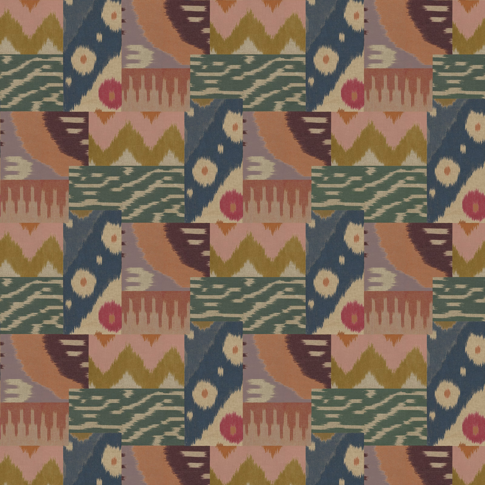 Muted blue-green and terracotta geometric kilim print with olive zigzags and rosettes