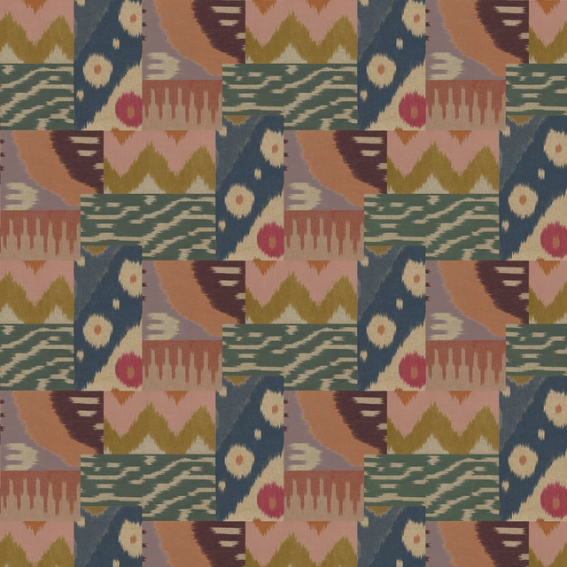 Muted blue-green and terracotta geometric kilim print with olive zigzags and rosettes